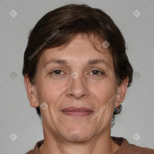 Joyful white adult female with short  brown hair and brown eyes