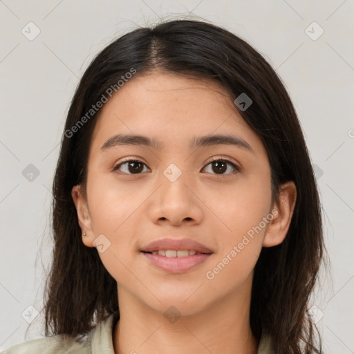 Joyful latino young-adult female with medium  brown hair and brown eyes