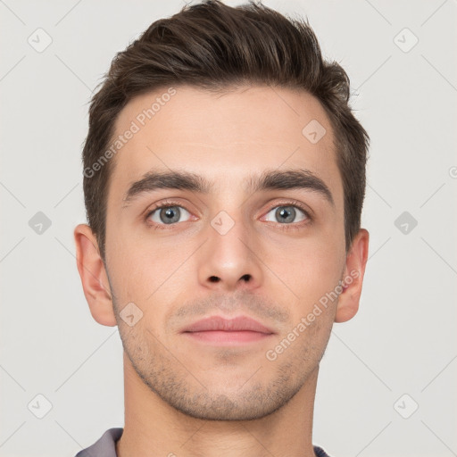 Neutral white young-adult male with short  brown hair and brown eyes