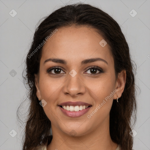 Joyful white young-adult female with long  brown hair and brown eyes