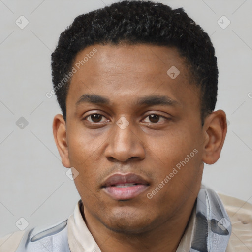 Neutral latino young-adult male with short  black hair and brown eyes