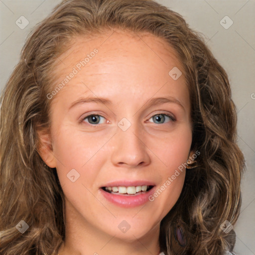 Joyful white young-adult female with long  brown hair and blue eyes