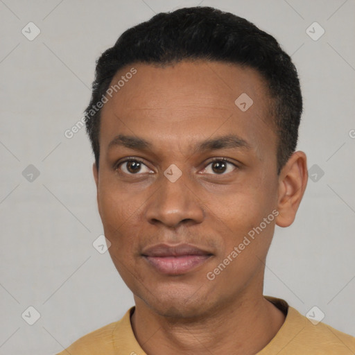 Neutral black young-adult male with short  black hair and brown eyes