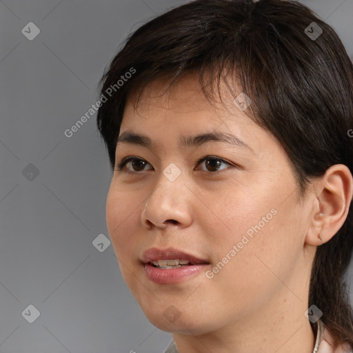 Joyful white young-adult female with medium  brown hair and brown eyes