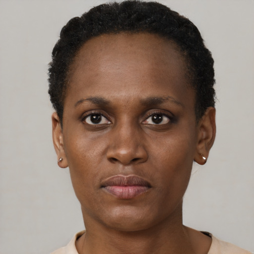 Neutral black young-adult female with short  brown hair and brown eyes