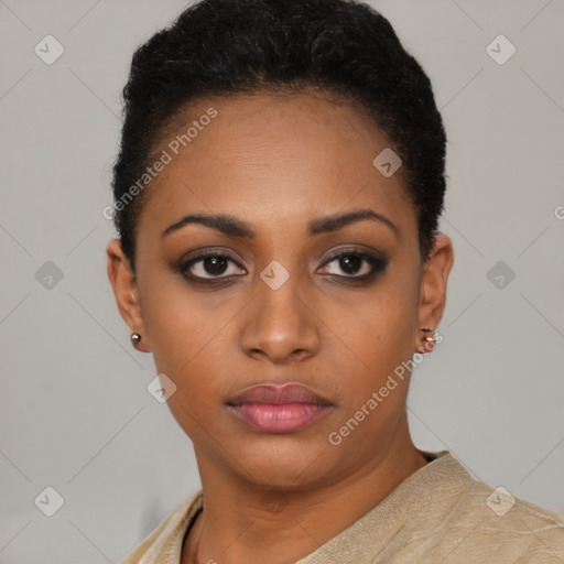 Neutral black young-adult female with short  black hair and brown eyes