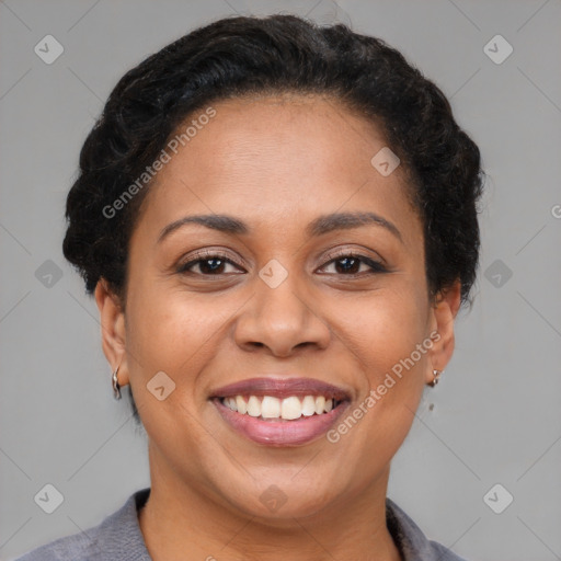 Joyful latino young-adult female with short  brown hair and brown eyes