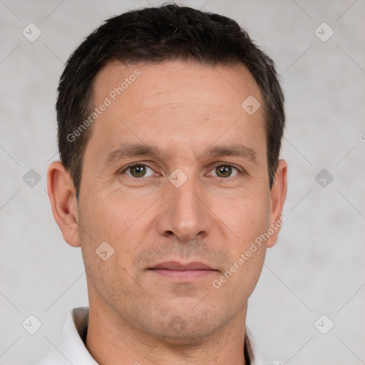 Neutral white adult male with short  brown hair and brown eyes