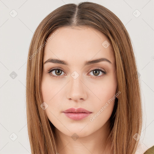 Neutral white young-adult female with long  brown hair and brown eyes