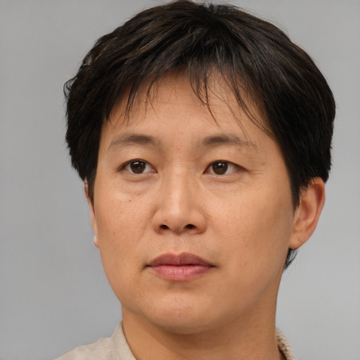 Joyful asian adult female with short  brown hair and brown eyes
