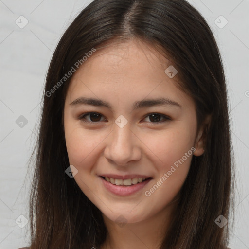 Joyful white young-adult female with long  brown hair and brown eyes