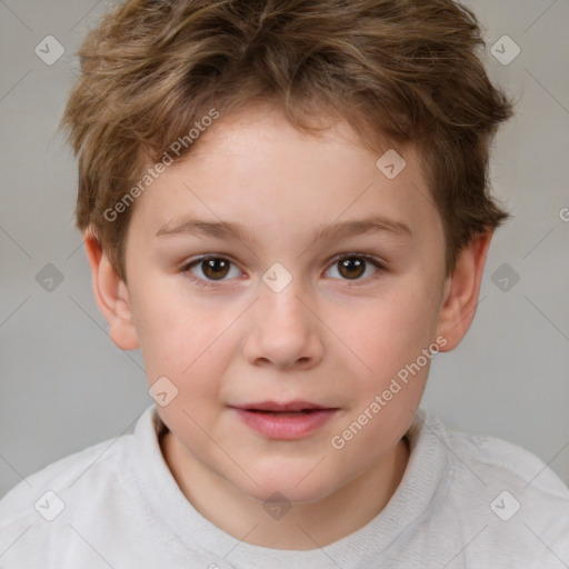 Joyful white child female with short  brown hair and brown eyes