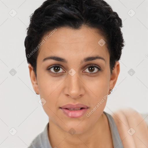 Joyful latino young-adult female with short  brown hair and brown eyes