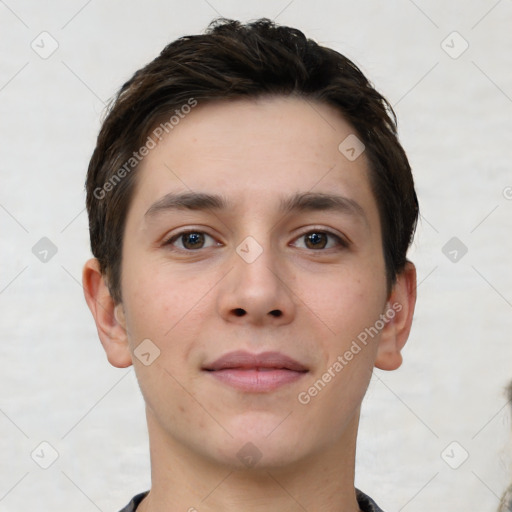 Neutral white young-adult male with short  brown hair and brown eyes