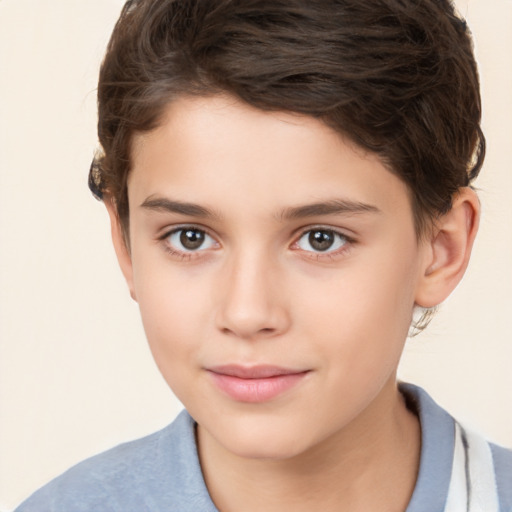 Joyful white child female with short  brown hair and brown eyes