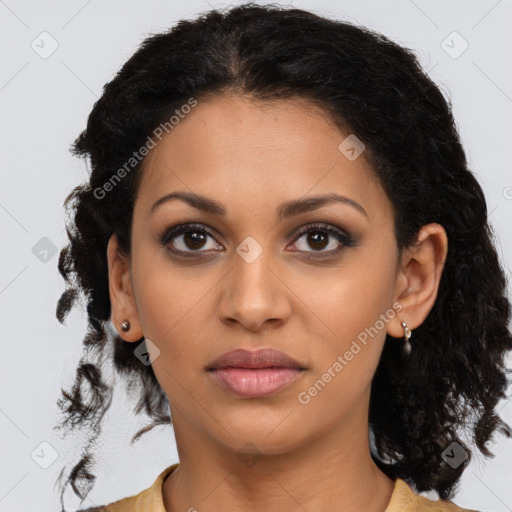 Joyful latino young-adult female with long  black hair and brown eyes