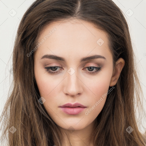 Neutral white young-adult female with long  brown hair and brown eyes