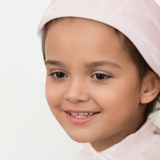 Joyful white child female with short  brown hair and brown eyes