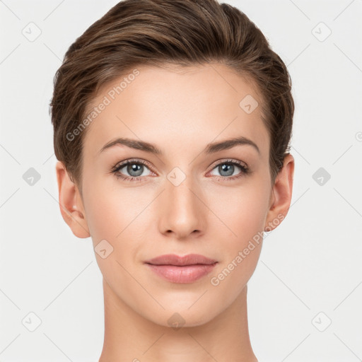 Neutral white young-adult female with short  brown hair and brown eyes