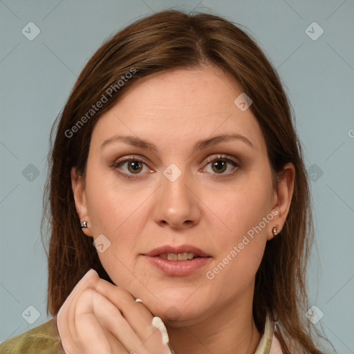 Joyful white young-adult female with medium  brown hair and grey eyes