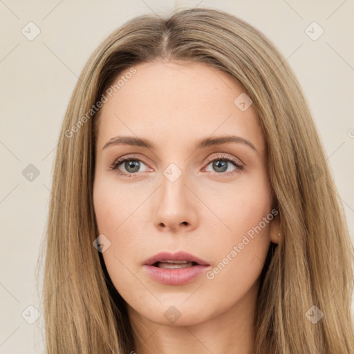 Neutral white young-adult female with long  brown hair and brown eyes