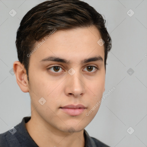 Neutral white young-adult male with short  brown hair and brown eyes