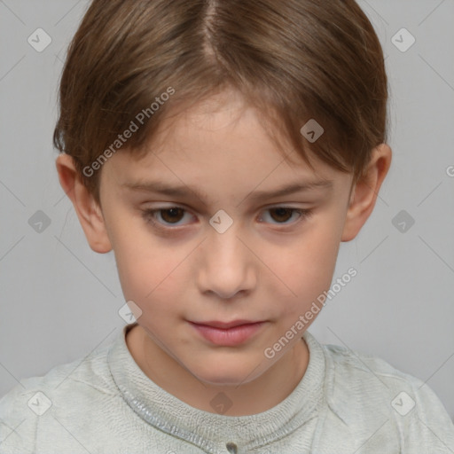 Joyful white child female with short  brown hair and brown eyes