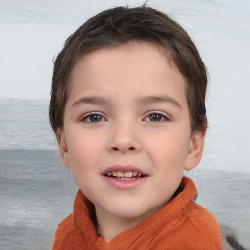 Joyful white child female with short  brown hair and brown eyes