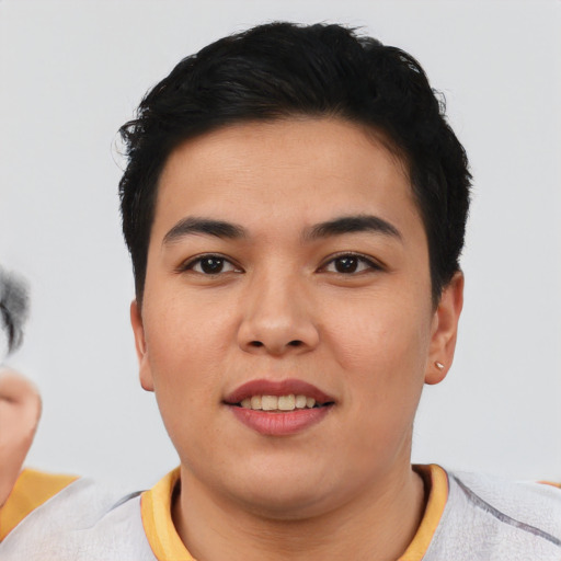 Joyful asian young-adult female with short  brown hair and brown eyes
