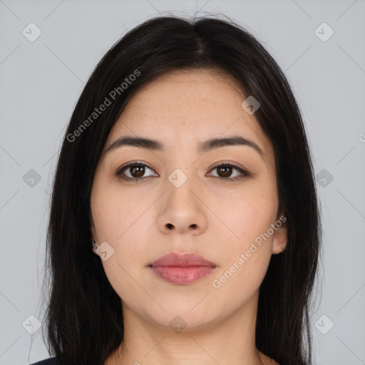 Neutral asian young-adult female with long  brown hair and brown eyes