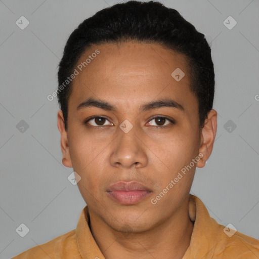 Neutral latino young-adult male with short  black hair and brown eyes