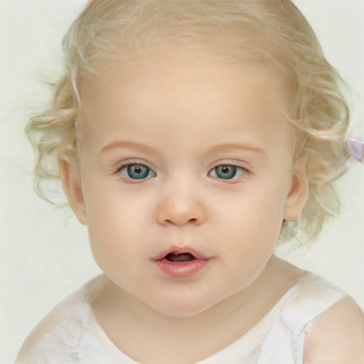 Neutral white child female with medium  blond hair and blue eyes