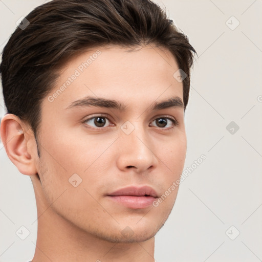 Neutral white young-adult male with short  brown hair and brown eyes