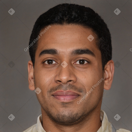 Joyful latino young-adult male with short  black hair and brown eyes