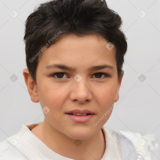 Joyful white child female with short  brown hair and brown eyes