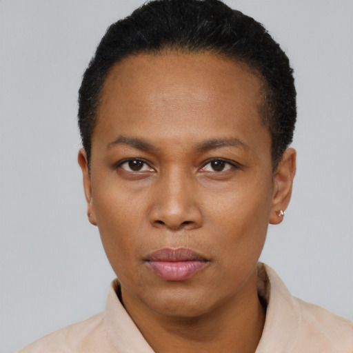 Neutral black young-adult female with short  black hair and brown eyes
