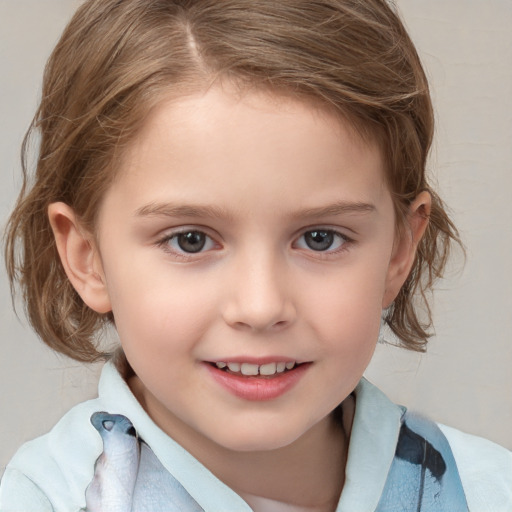 Joyful white child female with medium  brown hair and grey eyes