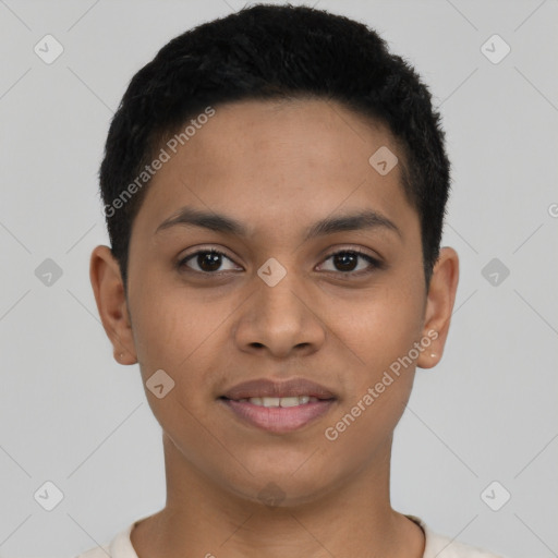Joyful latino young-adult male with short  black hair and brown eyes
