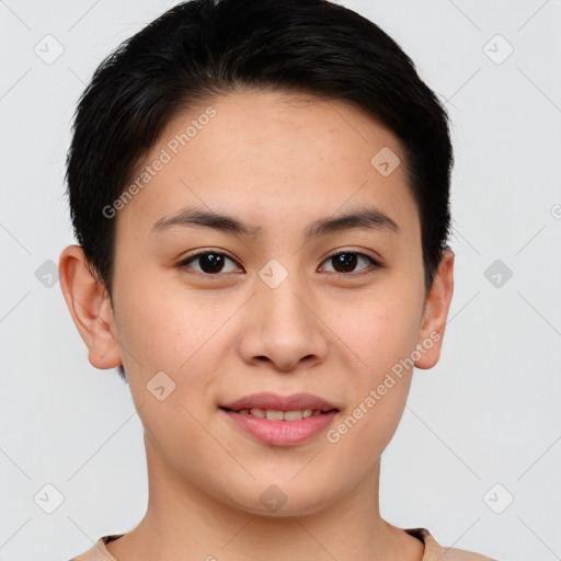 Joyful white young-adult female with short  brown hair and brown eyes