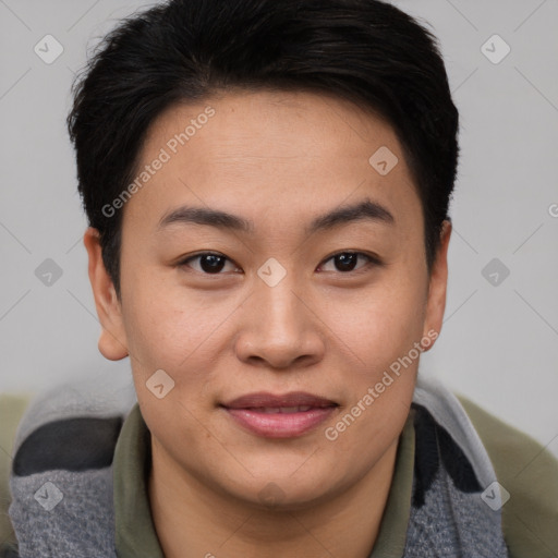 Joyful asian young-adult female with short  brown hair and brown eyes