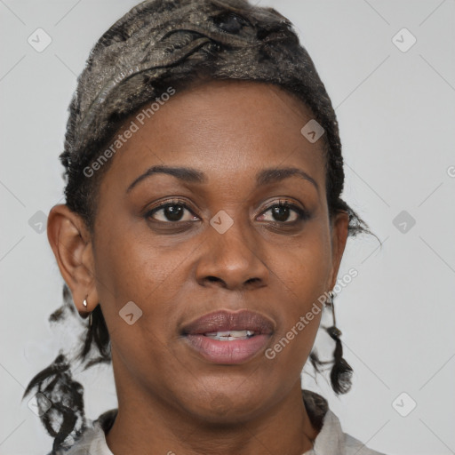 Joyful black adult female with short  brown hair and brown eyes