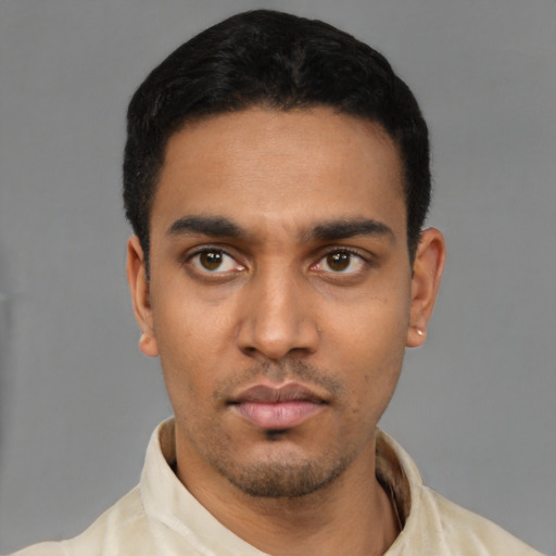 Neutral latino young-adult male with short  black hair and brown eyes