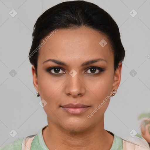 Neutral latino young-adult female with short  brown hair and brown eyes