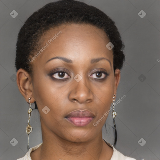 Neutral black young-adult female with short  brown hair and brown eyes