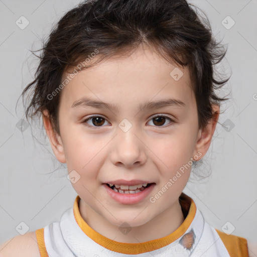 Joyful white child female with medium  brown hair and brown eyes