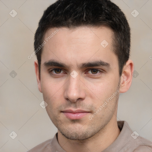 Neutral white young-adult male with short  brown hair and brown eyes