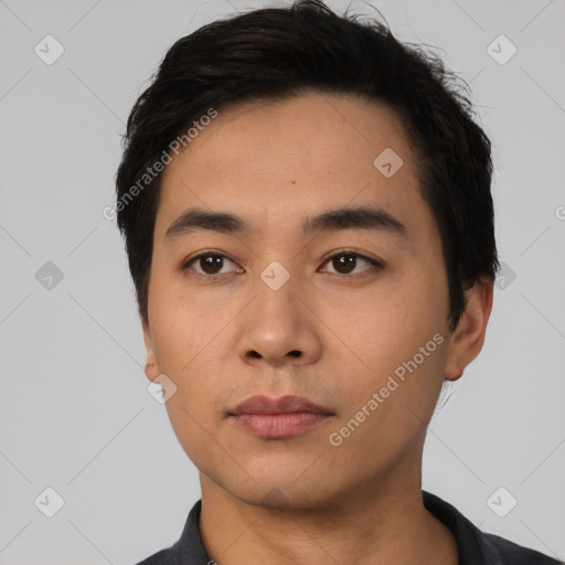 Neutral asian young-adult male with short  black hair and brown eyes