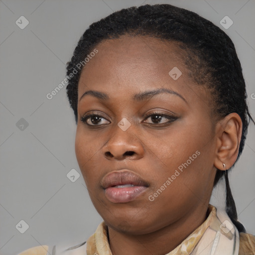 Neutral black young-adult female with medium  brown hair and brown eyes