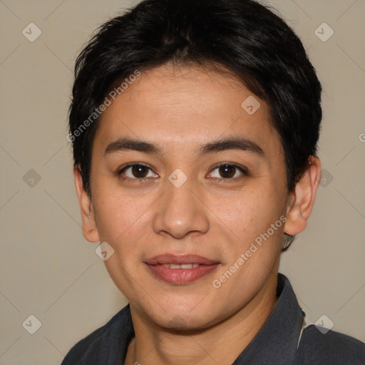 Joyful white young-adult female with short  brown hair and brown eyes