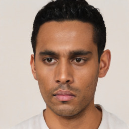 Neutral latino young-adult male with short  black hair and brown eyes